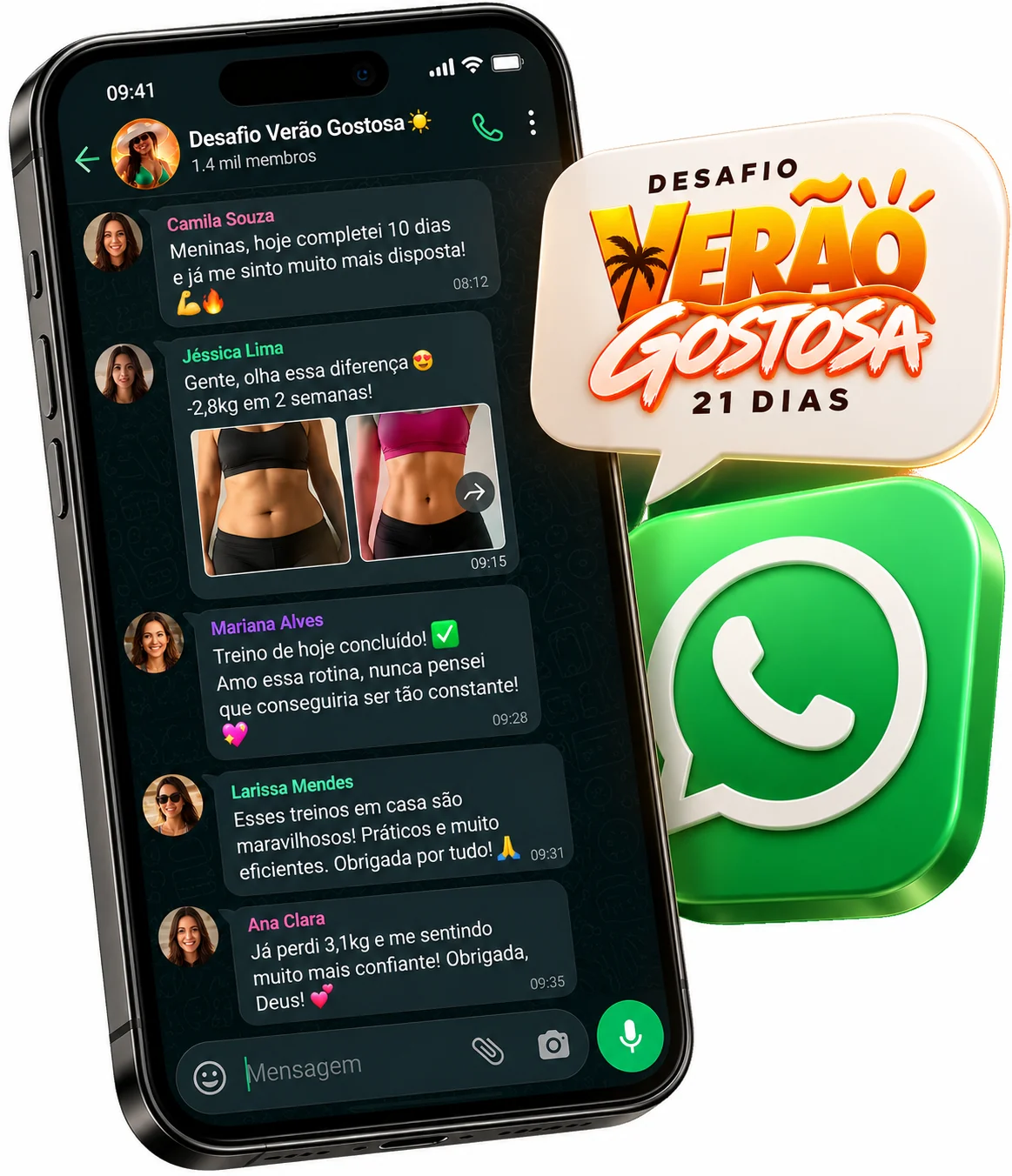Grupo de WhatsApp do Desafio Verão Gostosa com as alunas trocando mensagens